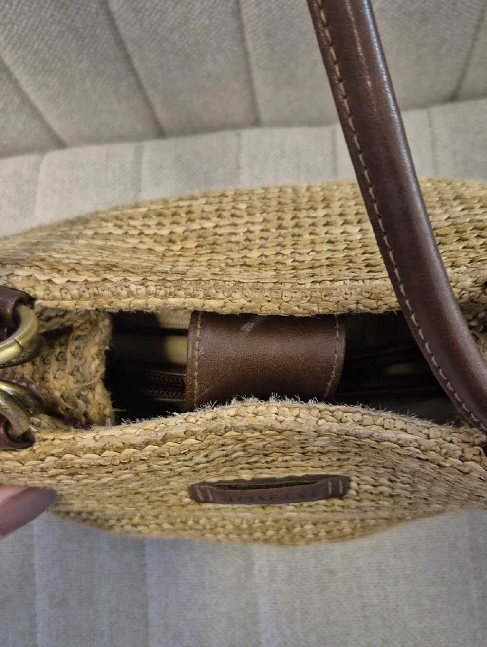 Rosetti Straw Shoulder Bag with Brown Straps and Gold Hardware